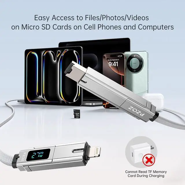 Alt view image 4 of 6 - 5-in-1 OTG Cable with USB C Fast Charging LED Display and Micro SD Card Reader, Multi USBC Charger Combo Lightning/Type C/USB A TF Card OTG for iPhone iPad MacBook AirPods Pro Samsung-140W 5 ft