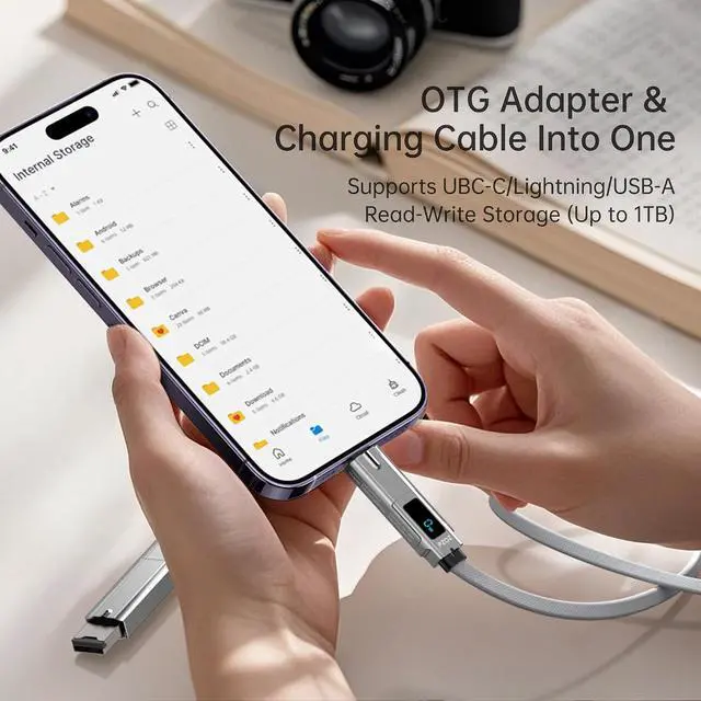 Alt view image 6 of 6 - 5-in-1 OTG Cable with USB C Fast Charging LED Display and Micro SD Card Reader, Multi USBC Charger Combo Lightning/Type C/USB A TF Card OTG for iPhone iPad MacBook AirPods Pro Samsung-140W 5 ft