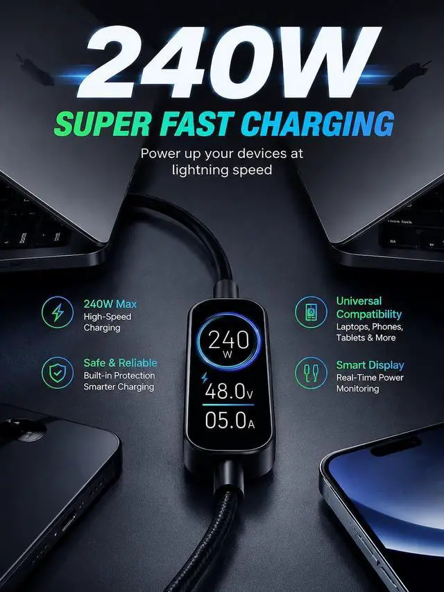 Alt view image 2 of 6 - 240W USB C to USB C Cable with TFT Touch Screen,PD3.1 Fast Charge Cord | TFT Power Meter, Smart LED Indicator, E-Marker 3.0, Premium Braided Nylon, for iPhone 17 16 15, MacBook, Laptop,Tablet,4FT