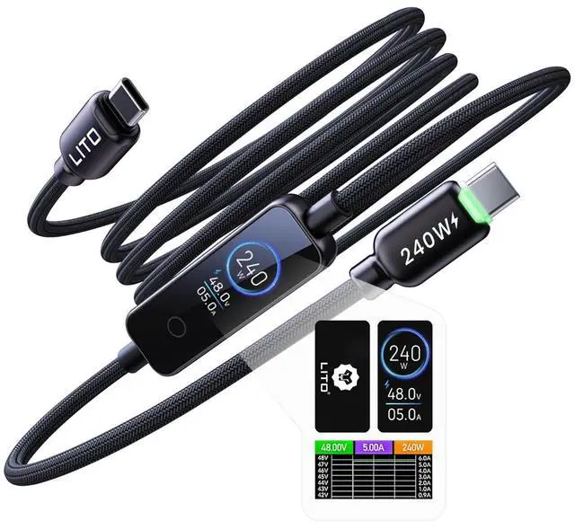 Main image of 240W USB C to USB C Cable with TFT Touch Screen,PD3.1 Fast Charge Cord | TFT Power Meter, Smart LED Indicator, E-Marker 3.0, Premium Braided Nylon, for iPhone 17 16 15, MacBook, Laptop,Tablet,4FT