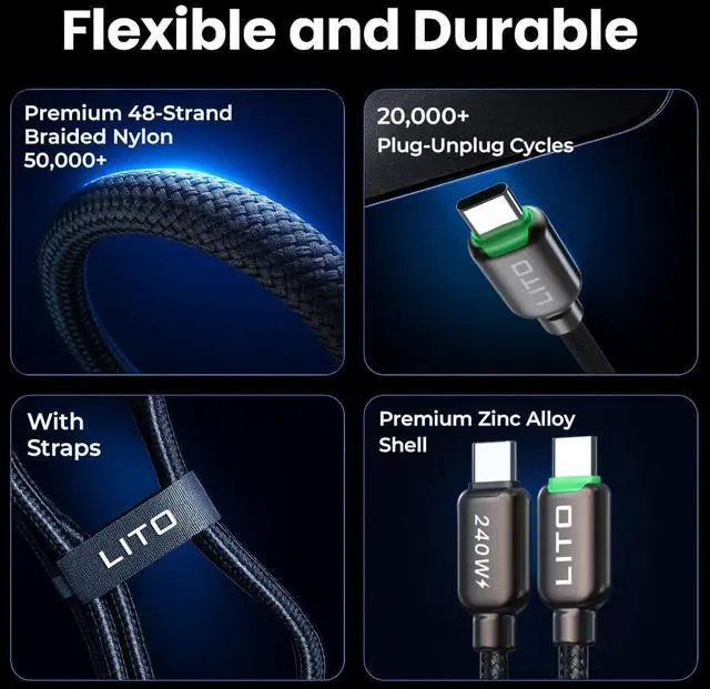 Alt view image 3 of 6 - 240W USB C to USB C Cable with TFT Touch Screen,PD3.1 Fast Charge Cord | TFT Power Meter, Smart LED Indicator, E-Marker 3.0, Premium Braided Nylon, for iPhone 17 16 15, MacBook, Laptop,Tablet,4FT