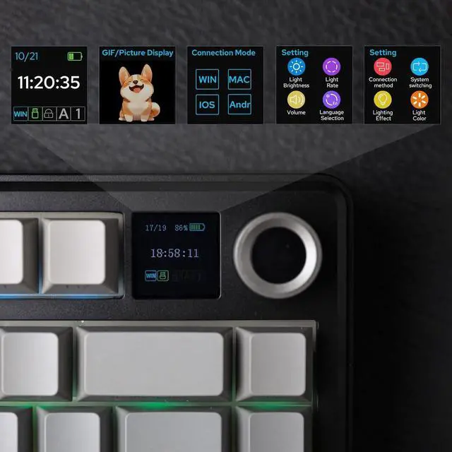 Alt view image 3 of 7 - F75 MAX Wireless Mechanical Keyboard with TFT Screen and Knob, Gasket Gaming Keyboard in 75% Layout, Hot Swappable, RGB Backlight, for PC/Mac/Linux (Black Gradient)