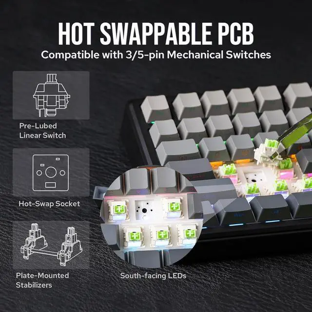 Alt view image 5 of 7 - F75 MAX Wireless Mechanical Keyboard with TFT Screen and Knob, Gasket Gaming Keyboard in 75% Layout, Hot Swappable, RGB Backlight, for PC/Mac/Linux (Black Gradient)