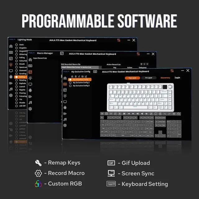 Alt view image 2 of 7 - F75 MAX Wireless Mechanical Keyboard with TFT Screen and Knob, Gasket Gaming Keyboard in 75% Layout, Hot Swappable, RGB Backlight, for PC/Mac/Linux (Black Gradient)