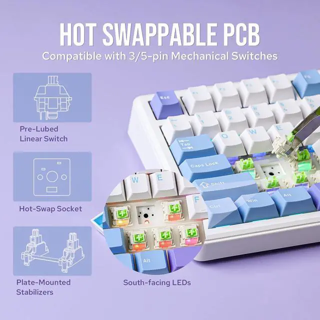 Alt view image 3 of 6 - F75 MAX Wireless Mechanical Keyboard with TFT Screen and Knob, Gasket Gaming Keyboard in 75% Layout, Hot Swappable, RGB Backlight, for PC/Mac/Linux (Blue&White&Purple)