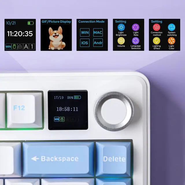 Alt view image 4 of 6 - F75 MAX Wireless Mechanical Keyboard with TFT Screen and Knob, Gasket Gaming Keyboard in 75% Layout, Hot Swappable, RGB Backlight, for PC/Mac/Linux (Blue&White&Purple)