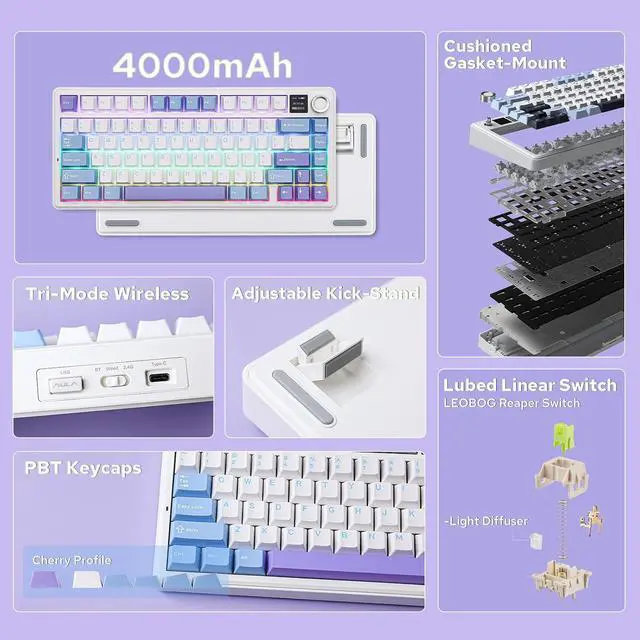 Alt view image 2 of 6 - F75 MAX Wireless Mechanical Keyboard with TFT Screen and Knob, Gasket Gaming Keyboard in 75% Layout, Hot Swappable, RGB Backlight, for PC/Mac/Linux (Blue&White&Purple)