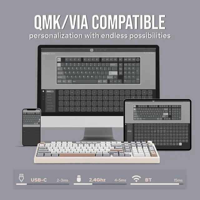 Alt view image 2 of 5 - Galaxy100 QMK/VIA Wireless Gaming Keyboard, Aluminum Shell, BT/2.4Ghz/USB-C, Pre-Lubed Hot-Swappable Linear Switches, NKRO, RGB Backlit (Creamy White, Marble White Switch)