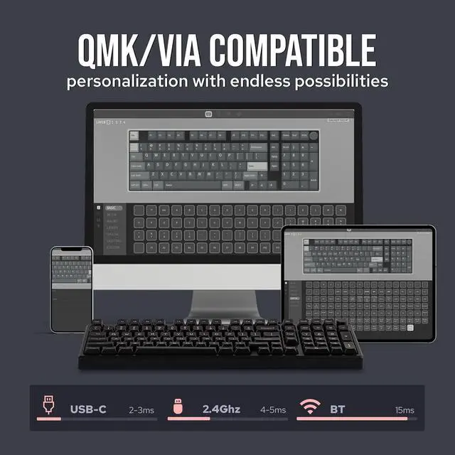 Alt view image 2 of 5 - Galaxy100 QMK/VIA Wireless Gaming Keyboard, Aluminum Shell, BT/2.4Ghz/USB-C, Pre-Lubed Hot-Swappable Linear Switches, NKRO, RGB Backlit (Black, Marble White Switch)