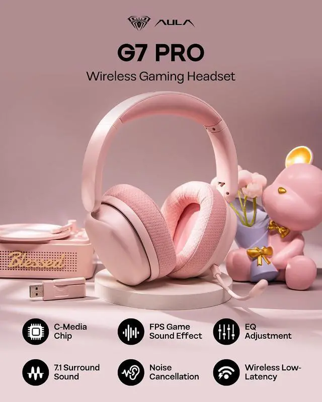 Alt view image 7 of 7 - G7 Pro Wireless Gaming Headset, Dual Mode BT5.3 & 2.4GHz | 7.1 Surround Sound, 80+ Hour Battery, RGB Light, with Noise Canceling Mic for PS5, PS4, Switch, PC (Pink)