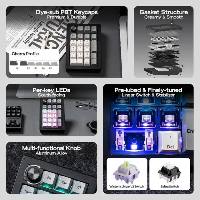 Alt view image 6 of 6 - EK21 VIA Gasket Number Pad w/ 1000mAh Battery, BT 5.0/2.4GHz/Wired | Hot-Swap Numpad with Aluminum Alloy knob, Programmable for Win/Mac/Gaming (Black Silver, Wisteria V2 Switch)