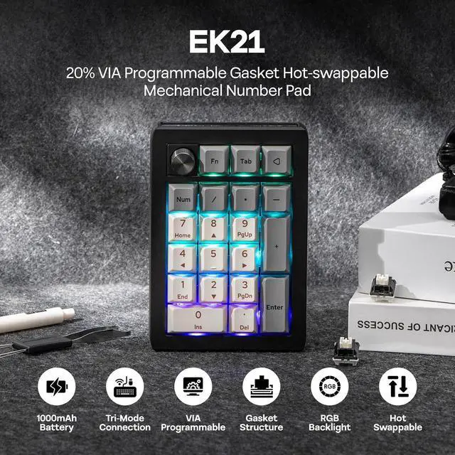 Alt view image 4 of 6 - EK21 VIA Gasket Number Pad w/ 1000mAh Battery, BT 5.0/2.4GHz/Wired | Hot-Swap Numpad with Aluminum Alloy knob, Programmable for Win/Mac/Gaming (Black Silver, Wisteria V2 Switch)