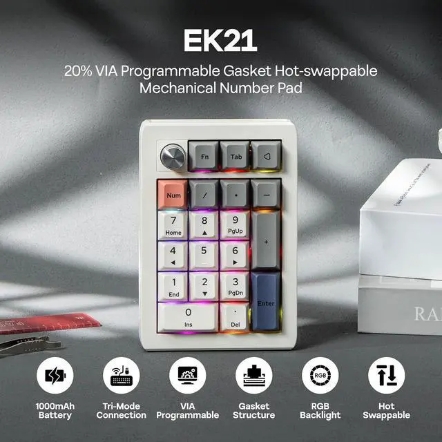 Alt view image 2 of 6 - EK21 VIA Gasket Number Pad w/ 1000mAh Battery, BT 5.0/2.4GHz/Wired | Hot-Swap Numpad with Aluminum Alloy knob, Programmable for Win/Mac/Gaming (Retro White, Wisteria V2 Switch)