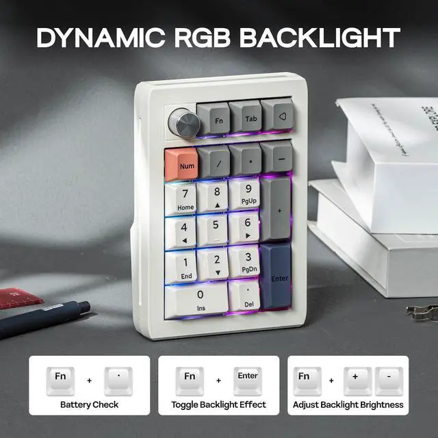 Alt view image 3 of 6 - EK21 VIA Gasket Number Pad w/ 1000mAh Battery, BT 5.0/2.4GHz/Wired | Hot-Swap Numpad with Aluminum Alloy knob, Programmable for Win/Mac/Gaming (Retro White, Wisteria V2 Switch)