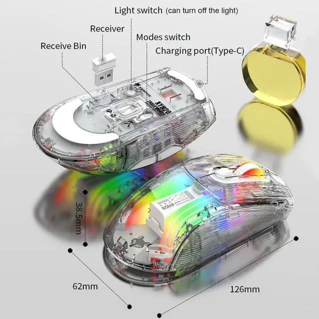 Alt view image 5 of 7 - Bluetooth Wireless Mouse, Transparent RGB Mechanical Dual Mode Gaming Mouse, A Must-Have Cool USB Computer Mouse for Gaming and Esports