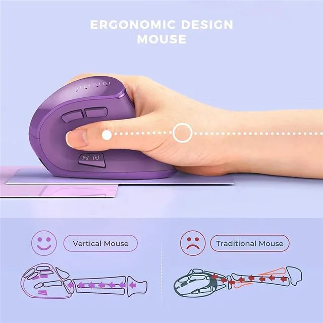 Alt view image 5 of 6 - Vertical Mouse, Wireless Ergonomic Optical Mouse (BT 5.0 + Bluetooth 3.0 + USB Connection) with 9 Buttons, Rechargeable Computer Mouse for Wins PC/Laptop, Mac (Purple)