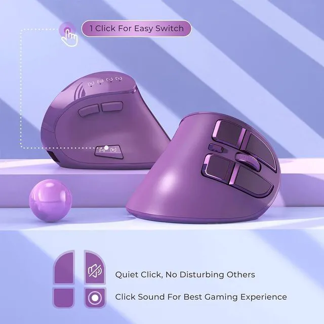 Alt view image 3 of 6 - Vertical Mouse, Wireless Ergonomic Optical Mouse (BT 5.0 + Bluetooth 3.0 + USB Connection) with 9 Buttons, Rechargeable Computer Mouse for Wins PC/Laptop, Mac (Purple)