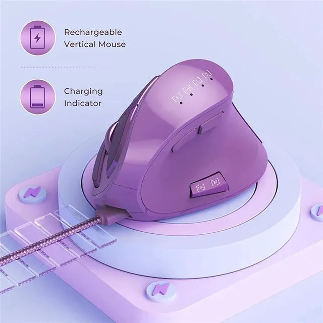 Alt view image 6 of 6 - Vertical Mouse, Wireless Ergonomic Optical Mouse (BT 5.0 + Bluetooth 3.0 + USB Connection) with 9 Buttons, Rechargeable Computer Mouse for Wins PC/Laptop, Mac (Purple)