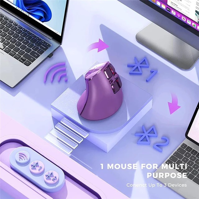 Alt view image 4 of 6 - Vertical Mouse, Wireless Ergonomic Optical Mouse (BT 5.0 + Bluetooth 3.0 + USB Connection) with 9 Buttons, Rechargeable Computer Mouse for Wins PC/Laptop, Mac (Purple)