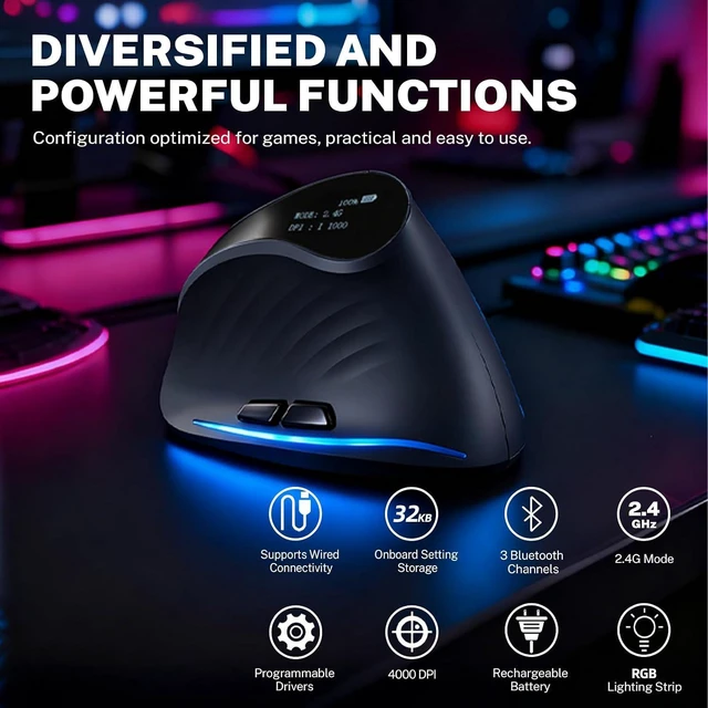 Alt view image 2 of 6 - Gaming Mouse with Display, Wireless Vertical Ergonomic Mouse with Tri-Mode Connectivity, 7 Programmable RGB Buttons, 4000 DPI, Rechargeable for PC Laptop Mac