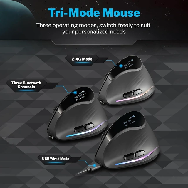Alt view image 5 of 6 - Gaming Mouse with Display, Wireless Vertical Ergonomic Mouse with Tri-Mode Connectivity, 7 Programmable RGB Buttons, 4000 DPI, Rechargeable for PC Laptop Mac