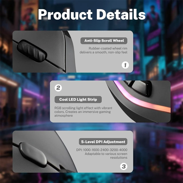 Alt view image 6 of 6 - Gaming Mouse with Display, Wireless Vertical Ergonomic Mouse with Tri-Mode Connectivity, 7 Programmable RGB Buttons, 4000 DPI, Rechargeable for PC Laptop Mac
