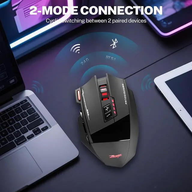 Alt view image 5 of 7 - Wireless Gaming Mouse, RGB Dual Mode Bluetooth Mouse Up 24,000 DPI, 13 Macro Programmable Buttons, Optical Computer Mouse 50Hrs for PC Laptop MOBA FPS, PMW-3311, Comfort Grip (Black)