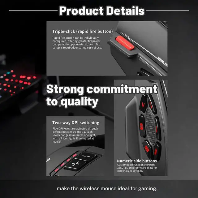 Alt view image 6 of 7 - Wireless Gaming Mouse, RGB Dual Mode Bluetooth Mouse Up 24,000 DPI, 13 Macro Programmable Buttons, Optical Computer Mouse 50Hrs for PC Laptop MOBA FPS, PMW-3311, Comfort Grip (Black)