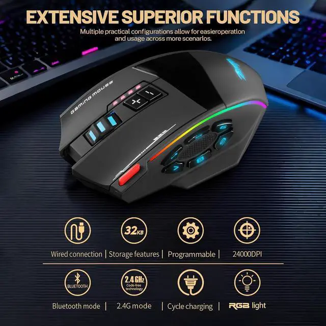 Alt view image 7 of 7 - Wireless Gaming Mouse, RGB Dual Mode Bluetooth Mouse Up 24,000 DPI, 13 Macro Programmable Buttons, Optical Computer Mouse 50Hrs for PC Laptop MOBA FPS, PMW-3311, Comfort Grip (Black)