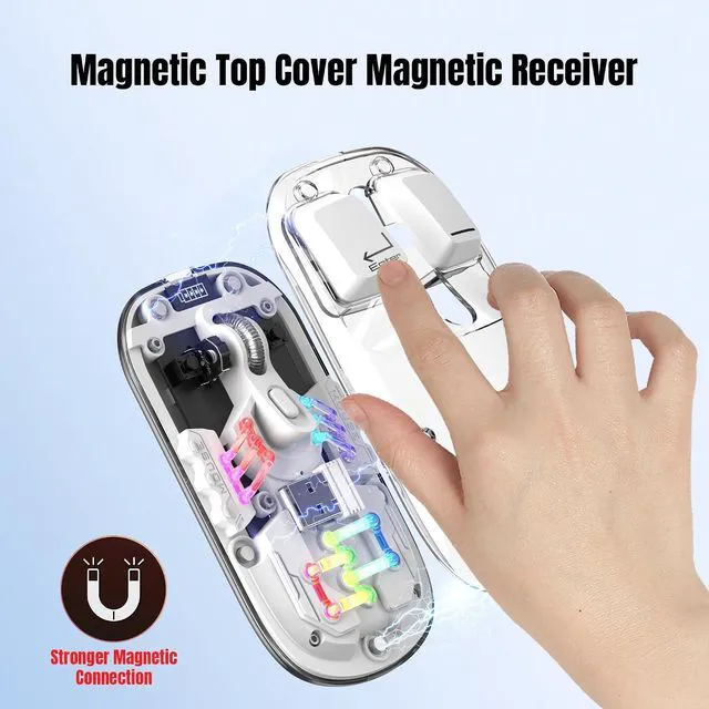 Alt view image 7 of 7 - Wireless Bluetooth Mouse, Transparent BT + 2.4G Dual-Mode Mechanical Mouse with Magnetic Top Cover, Rechargeable RGB Backlit Gaming Mouse for Gaming/Esports/Desktop/Laptops/Tablets (White)