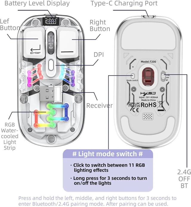 Alt view image 2 of 7 - Wireless Bluetooth Mouse, Transparent BT + 2.4G Dual-Mode Mechanical Mouse with Magnetic Top Cover, Rechargeable RGB Backlit Gaming Mouse for Gaming/Esports/Desktop/Laptops/Tablets (White)