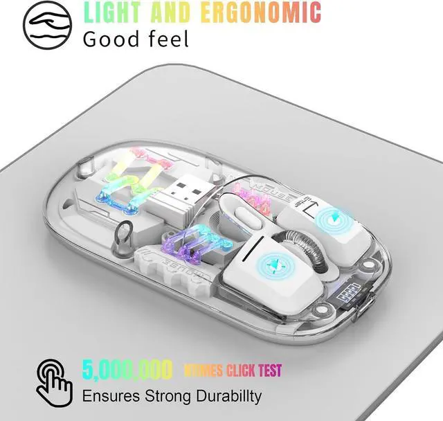 Alt view image 5 of 7 - Wireless Bluetooth Mouse, Transparent BT + 2.4G Dual-Mode Mechanical Mouse with Magnetic Top Cover, Rechargeable RGB Backlit Gaming Mouse for Gaming/Esports/Desktop/Laptops/Tablets (White)