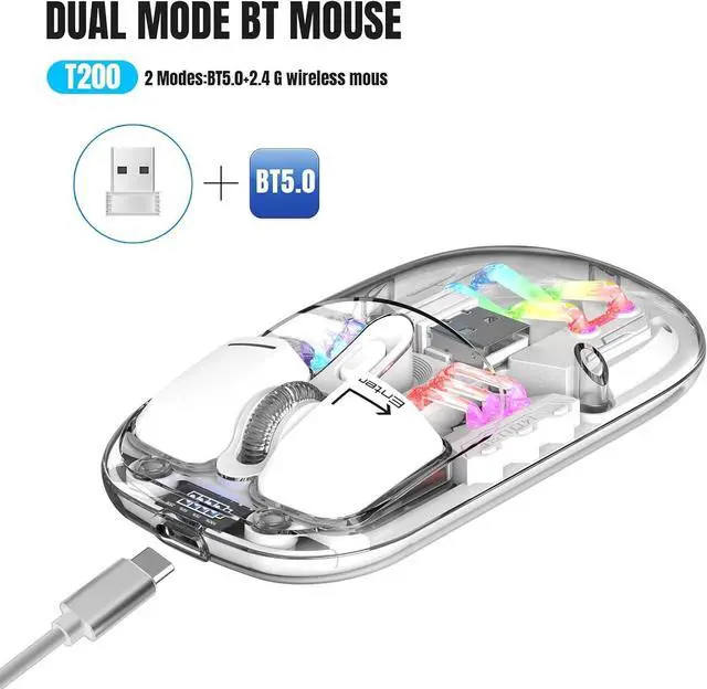 Alt view image 6 of 7 - Wireless Bluetooth Mouse, Transparent BT + 2.4G Dual-Mode Mechanical Mouse with Magnetic Top Cover, Rechargeable RGB Backlit Gaming Mouse for Gaming/Esports/Desktop/Laptops/Tablets (White)