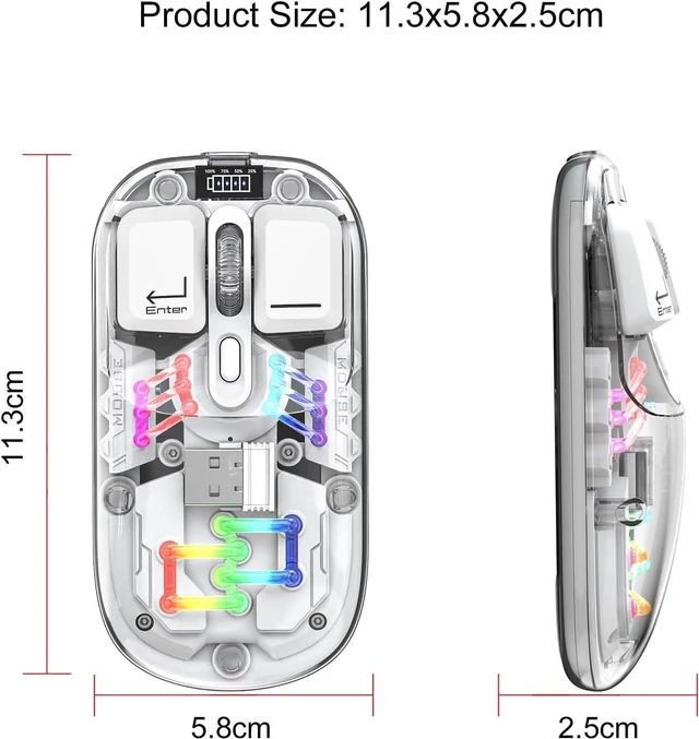 Alt view image 4 of 7 - Wireless Bluetooth Mouse, Transparent BT + 2.4G Dual-Mode Mechanical Mouse with Magnetic Top Cover, Rechargeable RGB Backlit Gaming Mouse for Gaming/Esports/Desktop/Laptops/Tablets (White)