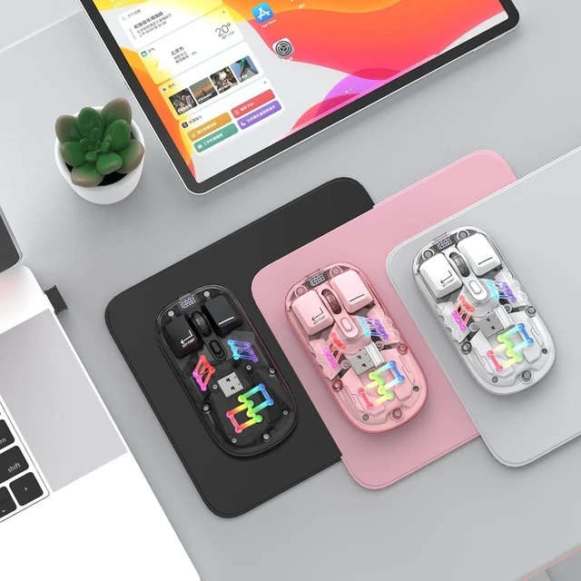 Alt view image 3 of 7 - Wireless Bluetooth Mouse, Transparent BT + 2.4G Dual-Mode Mechanical Mouse with Magnetic Top Cover, Rechargeable RGB Backlit Gaming Mouse for Gaming/Esports/Desktop/Laptops/Tablets (White)