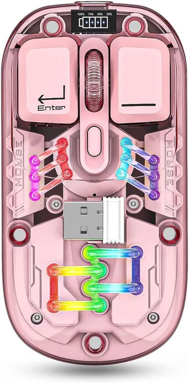 Main image of Wireless Bluetooth Mouse, Transparent BT + 2.4G Dual-Mode Mechanical Mouse with Magnetic Top Cover, Rechargeable RGB Backlit Gaming Mouse for Gaming/Esports/Desktop/Laptops/Tablets (Pink)