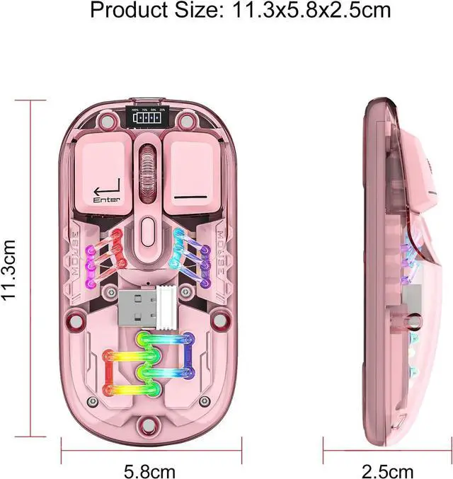 Alt view image 3 of 6 - Wireless Bluetooth Mouse, Transparent BT + 2.4G Dual-Mode Mechanical Mouse with Magnetic Top Cover, Rechargeable RGB Backlit Gaming Mouse for Gaming/Esports/Desktop/Laptops/Tablets (Pink)