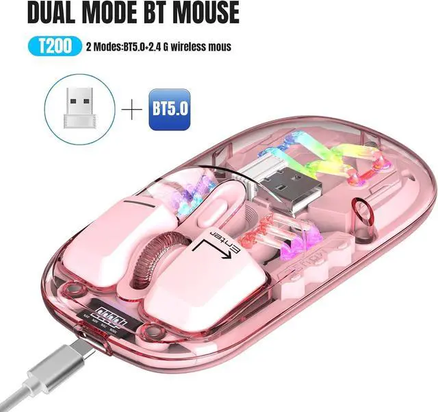 Alt view image 5 of 6 - Wireless Bluetooth Mouse, Transparent BT + 2.4G Dual-Mode Mechanical Mouse with Magnetic Top Cover, Rechargeable RGB Backlit Gaming Mouse for Gaming/Esports/Desktop/Laptops/Tablets (Pink)