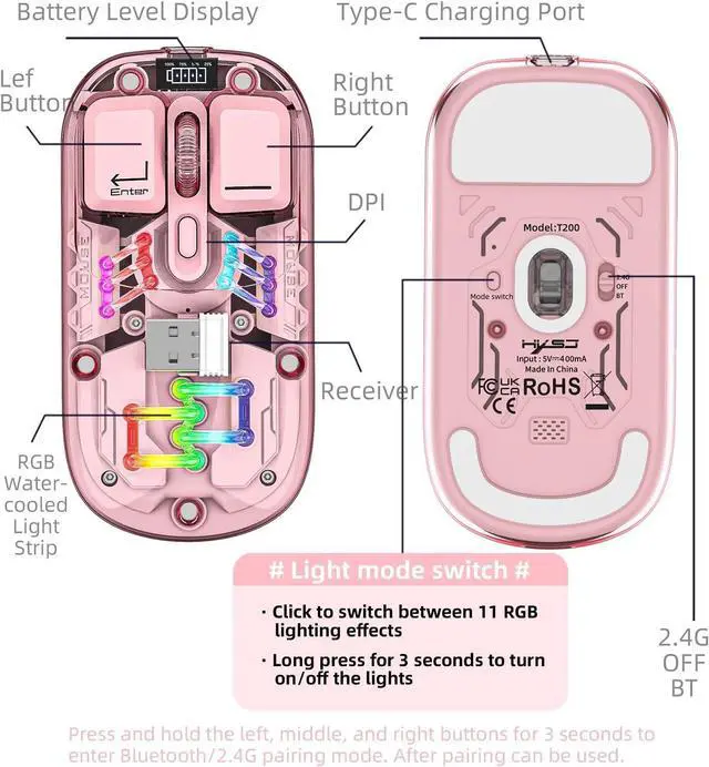 Alt view image 6 of 6 - Wireless Bluetooth Mouse, Transparent BT + 2.4G Dual-Mode Mechanical Mouse with Magnetic Top Cover, Rechargeable RGB Backlit Gaming Mouse for Gaming/Esports/Desktop/Laptops/Tablets (Pink)