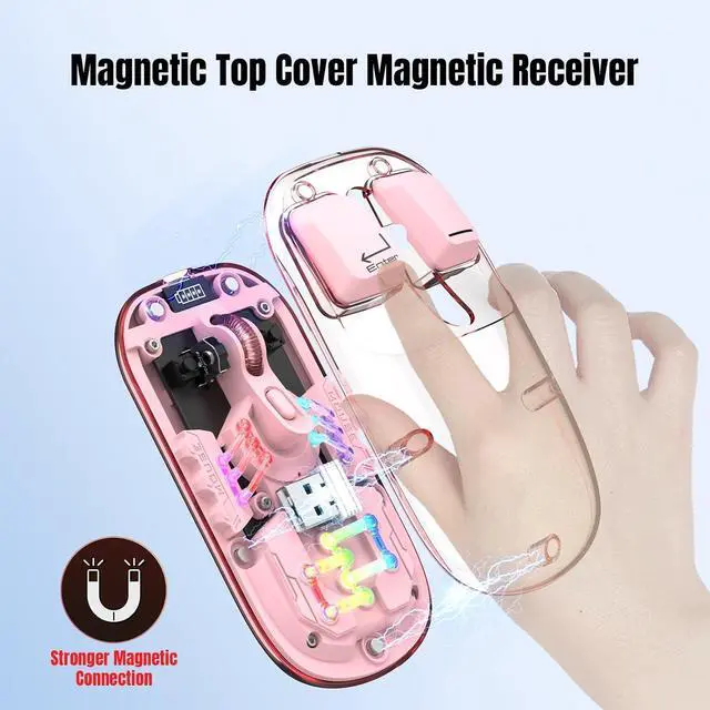 Alt view image 4 of 6 - Wireless Bluetooth Mouse, Transparent BT + 2.4G Dual-Mode Mechanical Mouse with Magnetic Top Cover, Rechargeable RGB Backlit Gaming Mouse for Gaming/Esports/Desktop/Laptops/Tablets (Pink)