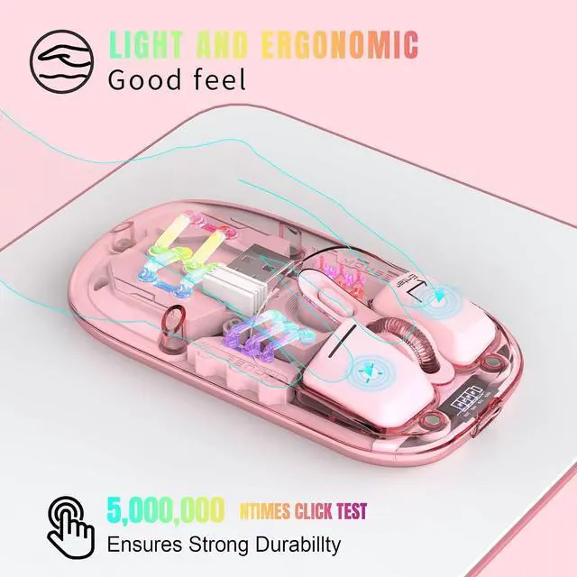 Alt view image 2 of 6 - Wireless Bluetooth Mouse, Transparent BT + 2.4G Dual-Mode Mechanical Mouse with Magnetic Top Cover, Rechargeable RGB Backlit Gaming Mouse for Gaming/Esports/Desktop/Laptops/Tablets (Pink)