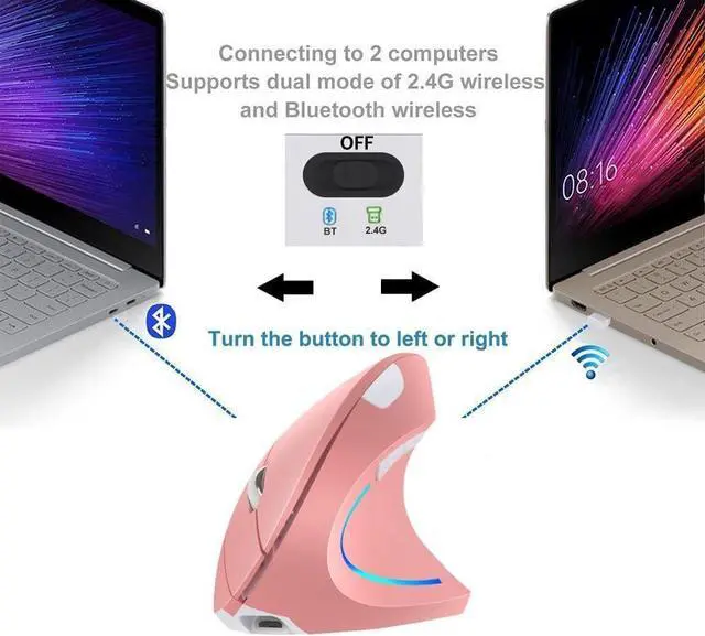 Alt view image 6 of 7 - Vertical Mouse, Right Handed 2.4GHz Wireless Ergonomic Rechargeable Vertical Mouse with 4 Adjustable DPI 800/1200/1600/2400, 6 Buttons,Compatible with PC, Desktop,Mac (Pink)