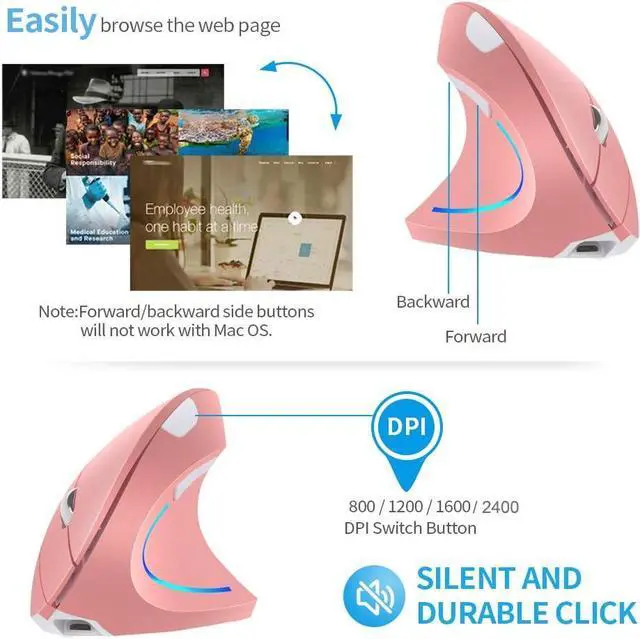 Alt view image 3 of 7 - Vertical Mouse, Right Handed 2.4GHz Wireless Ergonomic Rechargeable Vertical Mouse with 4 Adjustable DPI 800/1200/1600/2400, 6 Buttons,Compatible with PC, Desktop,Mac (Pink)