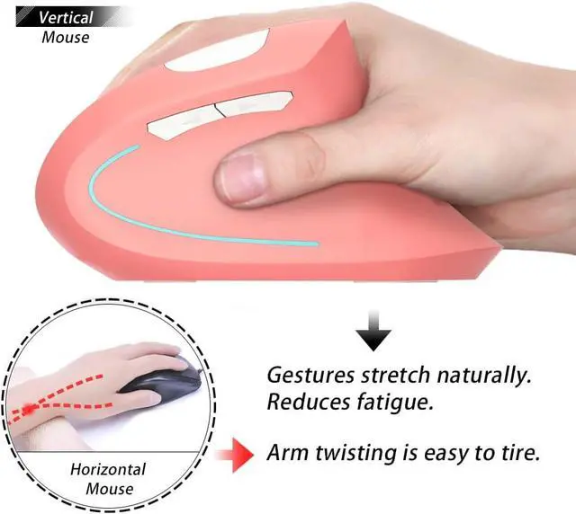 Alt view image 4 of 7 - Vertical Mouse, Right Handed 2.4GHz Wireless Ergonomic Rechargeable Vertical Mouse with 4 Adjustable DPI 800/1200/1600/2400, 6 Buttons,Compatible with PC, Desktop,Mac (Pink)