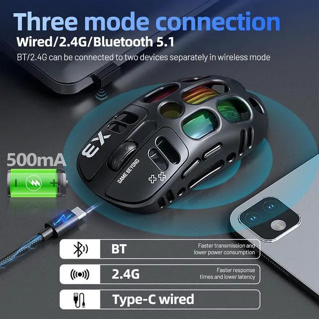 Alt view image 6 of 7 - X3 Wireless Gaming Mouse with 70g Lightweight Hollowed Out Design 12,000 DPI PAW 3311 Sensor, 6 Programmable Buttons, Support Wired/2.4GHz/BT for PC/Mac/Gamer (Black)