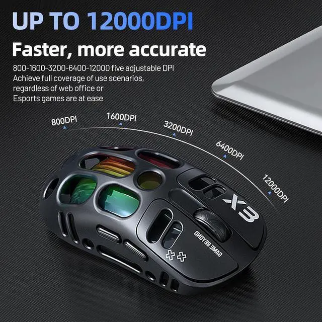 Alt view image 3 of 7 - X3 Wireless Gaming Mouse with 70g Lightweight Hollowed Out Design 12,000 DPI PAW 3311 Sensor, 6 Programmable Buttons, Support Wired/2.4GHz/BT for PC/Mac/Gamer (Black)