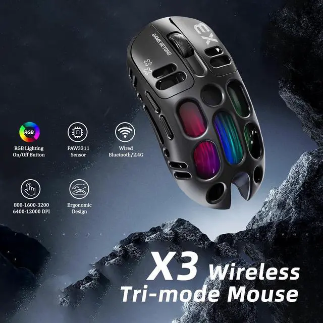 Alt view image 5 of 7 - X3 Wireless Gaming Mouse with 70g Lightweight Hollowed Out Design 12,000 DPI PAW 3311 Sensor, 6 Programmable Buttons, Support Wired/2.4GHz/BT for PC/Mac/Gamer (Black)