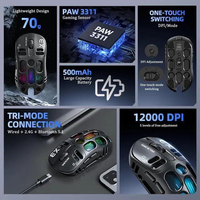 Alt view image 4 of 7 - X3 Wireless Gaming Mouse with 70g Lightweight Hollowed Out Design 12,000 DPI PAW 3311 Sensor, 6 Programmable Buttons, Support Wired/2.4GHz/BT for PC/Mac/Gamer (Black)