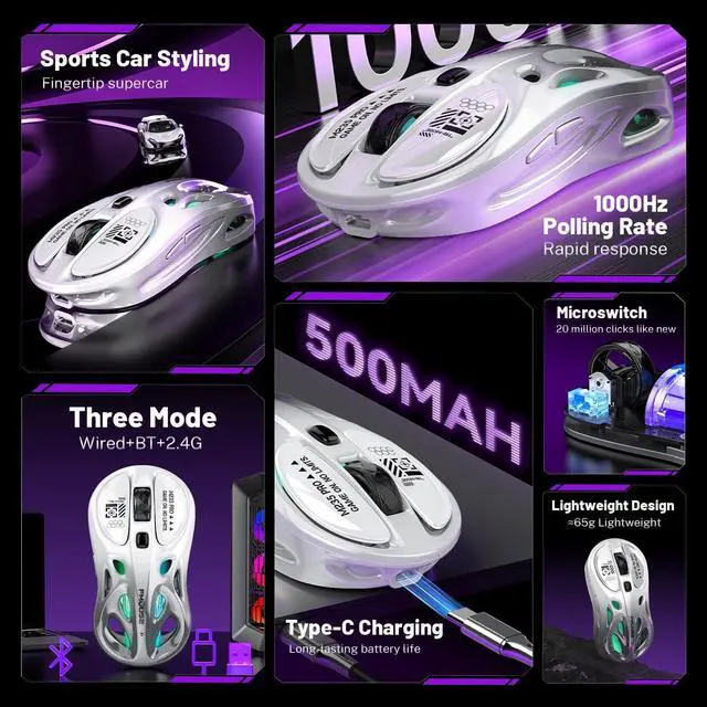 Alt view image 6 of 7 - M235 Wireless Gaming Mouse, 65g Ultra-Lightweight, Hollowed-Out Sports Car Design, 4800 DPI, Tri-Mode (2.4G/BT/Wired), 8 Programmable Buttons, RGB Lighting, 1000Hz Polling Rate (Silver Frost)