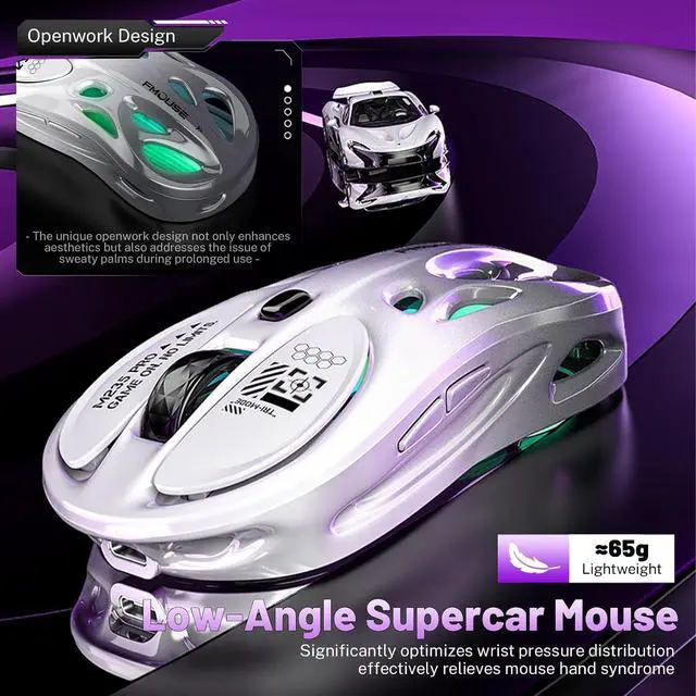 Alt view image 3 of 7 - M235 Wireless Gaming Mouse, 65g Ultra-Lightweight, Hollowed-Out Sports Car Design, 4800 DPI, Tri-Mode (2.4G/BT/Wired), 8 Programmable Buttons, RGB Lighting, 1000Hz Polling Rate (Silver Frost)